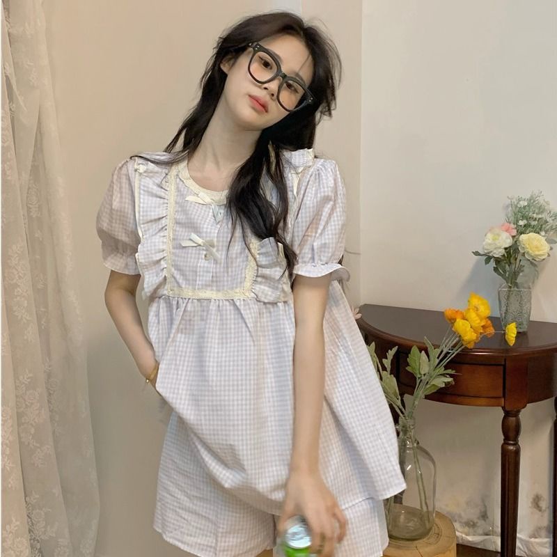Bộ Đồ Ngủ Áo Tay Ngắn Phối Quần Short Họa Tiết Caro Dễ Thương Phong Cách Nhật Bản Thời Trang Mùa Hè Cho Nữ