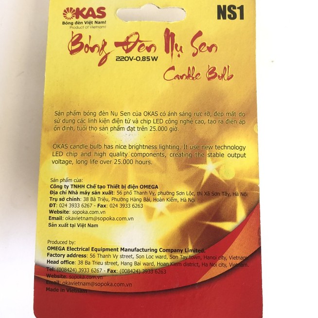 Bóng đèn nụ sen OKAS NS1, 1W, vĩ( 2 bóng) dùng thay cho bóng đèn thờ, đèn lồng # đèn thờ # da nang