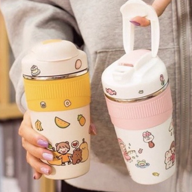 Ly giữ nhiệt, bình nước giữ nhiệt cute 480ml có ống hút tặng kèm sticker dễ thương