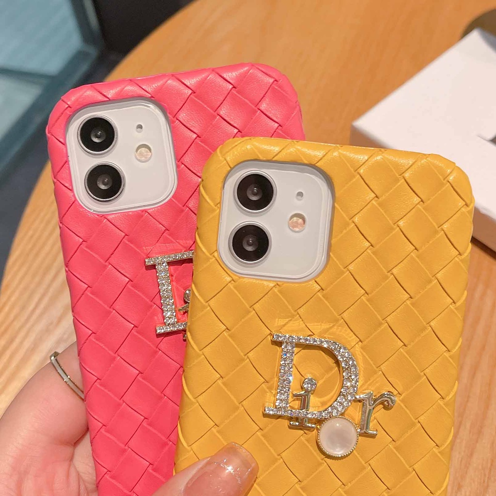 Ốp Điện Thoại Da Cứng Kiểu Dệt Đính Pha Lê Nhiều Màu Sang Trọng Cho iPhone14Max 13promax 12 11 xsmax xr xs 7P