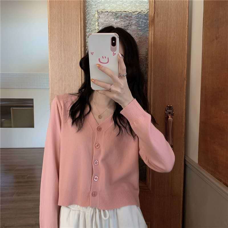 Áo khoác cardigan dệt kim mềm mại tay dài cổ chữ V cài nút thời trang cho nữ