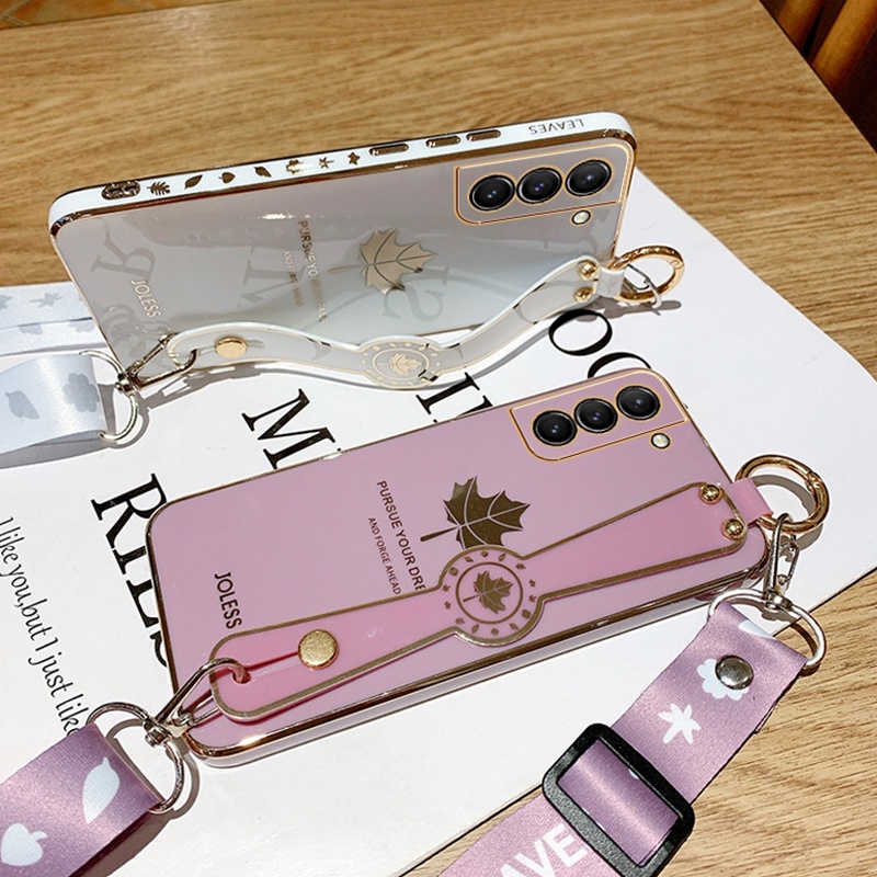 Ốp Điện Thoại Silicone Mềm Họa Tiết Lá Phong Có Dây Đeo Cho Samsung Galaxy S22 Ultra S21 S20 FE S10 Plus