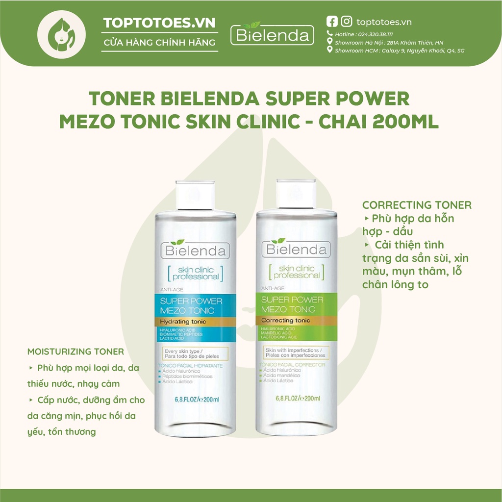 Toner Bielenda Super Power Mezo Tonic Skin Clinic Correcting làm căng bóng, mờ thâm/ Moisturizing cấp nước, dưỡng ẩm