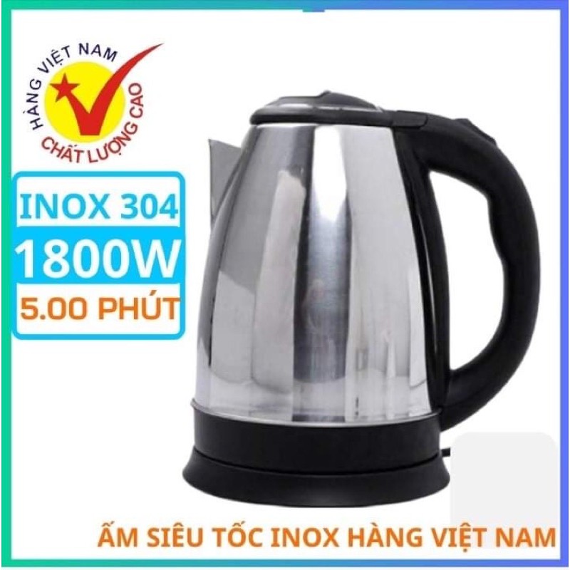 Ấm Nước Siêu Tốc Inox 1,8 Lít - Bình Đun Pha Trà Nấu Nước Sôi Cực Nhanh