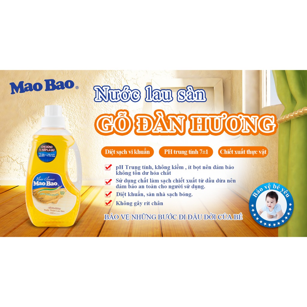 Combo 3 túi Nước lau sàn Mao Bao 1L Hương gỗ đàn hương nồng ấm, sạch nhanh sáng bóng, không rít chân, an toàn cho da