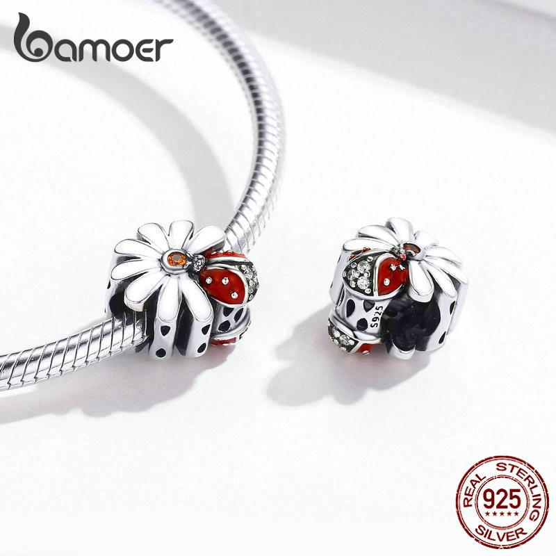Hạt trang sức Bamoer Scc1276 bằng bạc 925 hình hoa cúc và bọ cánh cứng tự làm vòng tay cho nữ