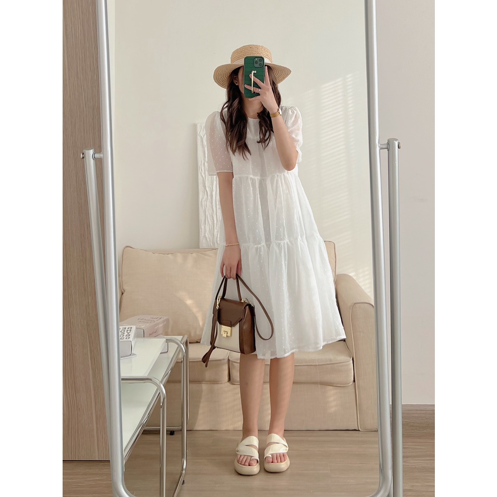 Đầm váy babydoll dáng dài ba tầng hạt nổi chất voan tơ đẹp nhẹ nhàng tiểu thư