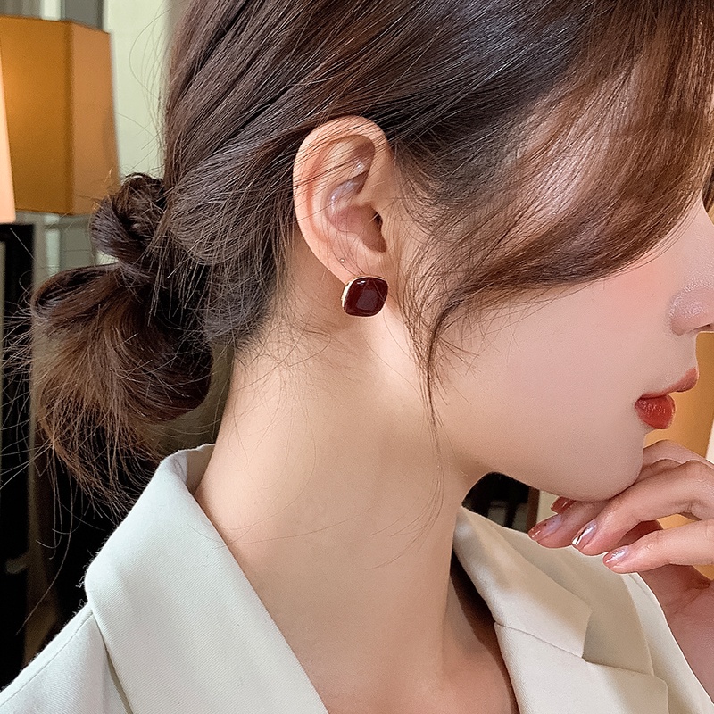 Bông Tai Mạ Bạc 925 Mặt Hình Vuông Phong Cách Retro Hàn Quốc Thời Trang Dành Cho Nữ