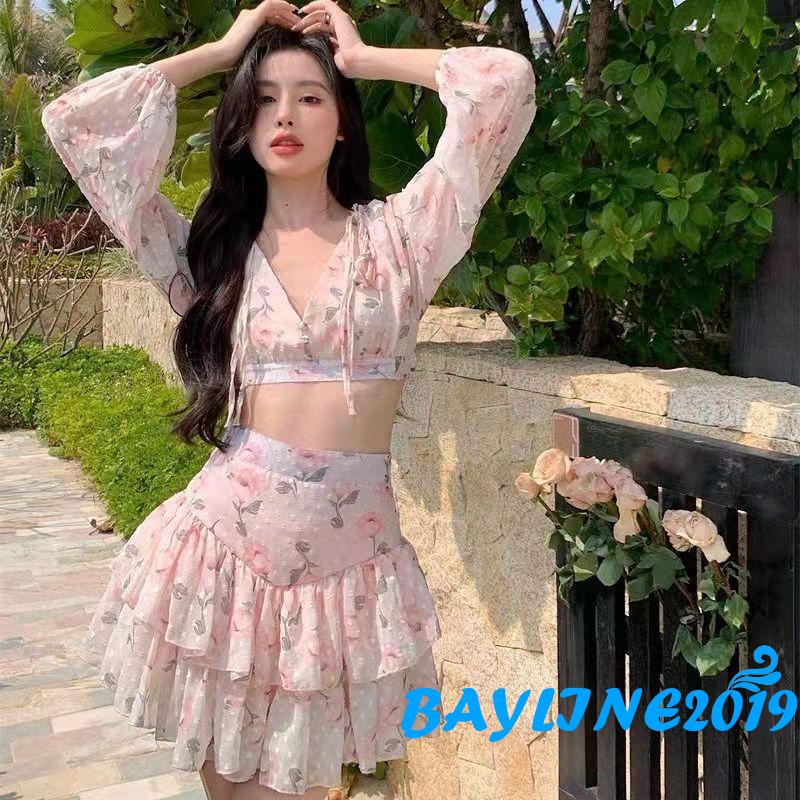 BAY-Women Summer Clothes, Long Sleeve Deep V Neck Floral Crop Tops /Mini Skirt