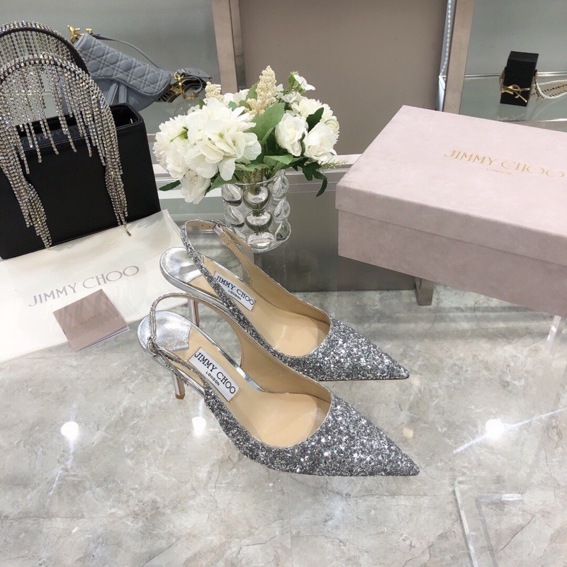 Giày cao gót mũi nhọn phủ nhũ đính đá nhỏ hở hậu gót 8.5cm jimmy choo