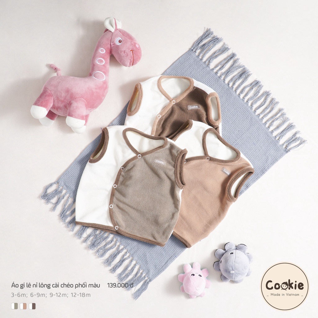 Cookie - Áo gile nỉ lông cài lệch phối màu cho bé trai, bé gái từ 3 tháng đến 18 tháng
