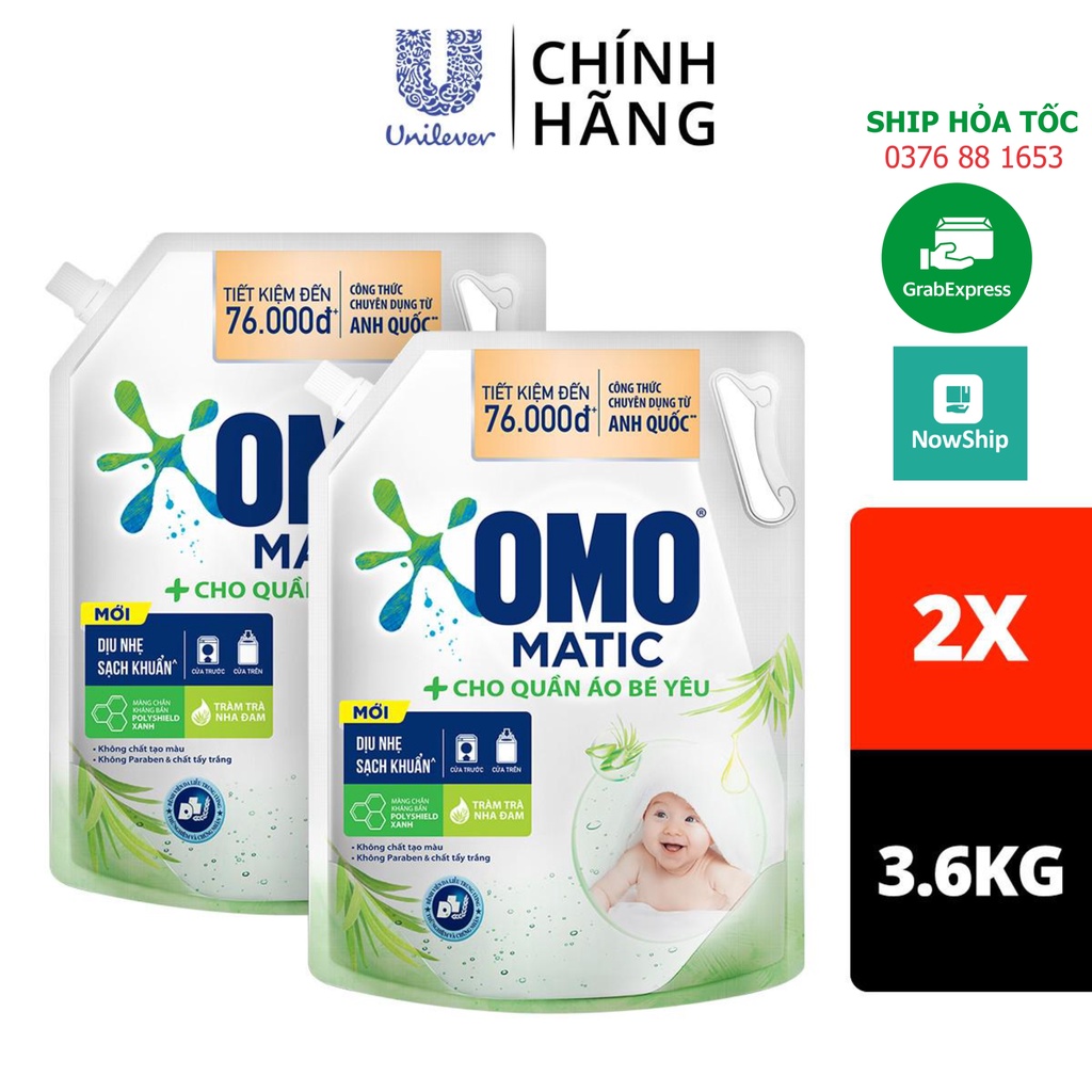 Combo 2 Túi Nước Giặt Omo Matic Baby Cho Quần Áo Bé Yêu 3.6kg/túi
