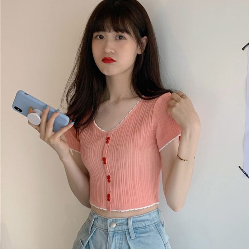 Áo Thun Dệt Kim Tay Ngắn Cổ Chữ V Phong Cách Hàn Quốc