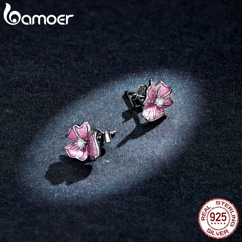 Khuyên tai xỏ BAMOER BSE471 bạc thật 925 hình hoa nở tráng men thích hợp làm trang sức đính hôn / quà tặng cho nữ
