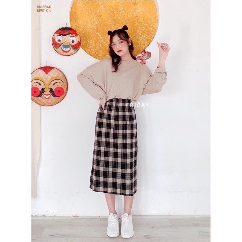 [Ảnh thật/Video] Chân váy dài chất dạ Quảng Châu dáng suông Chân váy kẻ chất dạ vintage phong cách Hàn Quốc CV12 | BigBuy360 - bigbuy360.vn
