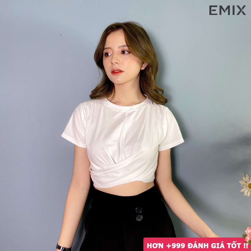 Áo thun croptop nữ EMIX (2 màu), dài 40cm, ngắn tay, cổ vuông, ôm eo, chất díp co giãn, mềm mát, tôn dáng A205