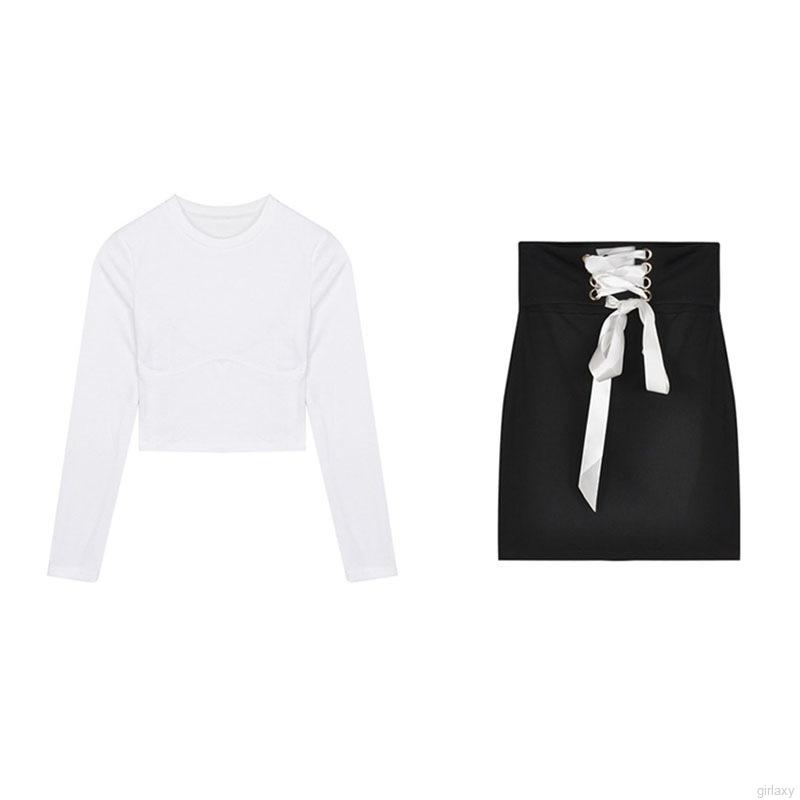 Set áo tay dài cổ tròn và váy bó buộc dây gợi cảm cho nữ