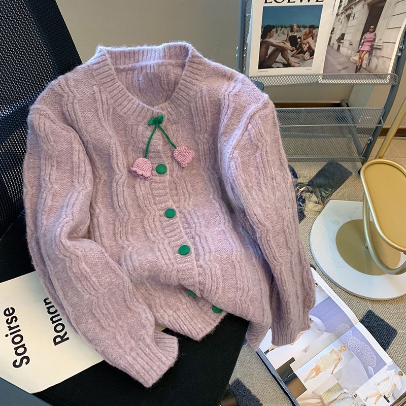 Áo Khoác Cardigan Dệt Kim Tay Dài Họa Tiết Hoa Ba Chiều Màu Tím Ngọt Ngào Thời Trang Mùa Thu Cho Nữ