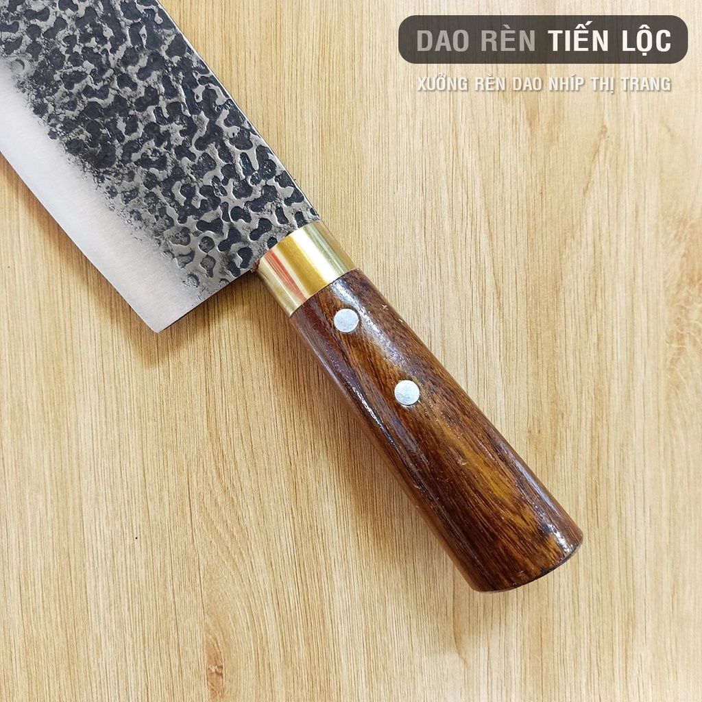 Dao Thái Thịt Thép Nhíp Ô Tô Dập Vân 2 Mặt Cao Cấp - Cán Gỗ Cẩm Khâu Đồng