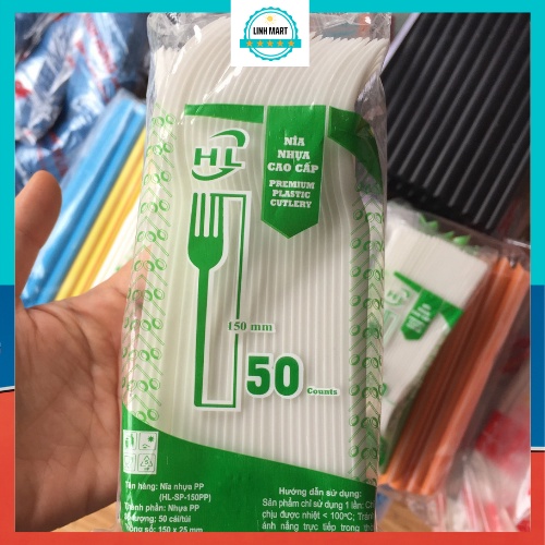 Nĩa nhựa dùng 1 lần gói 50 chiếc, dĩa nhựa trắng ăn tiện lợi LINHMART
