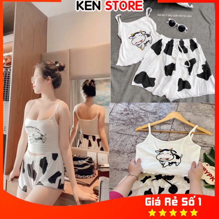 Set Quần Đùi + Áo Croptop Bò Sữa 💖HOT TREND💖 Set Áo 2 Dây Quần Cộc Cute