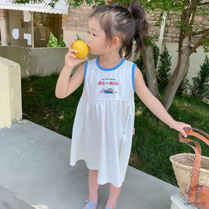 Đầm sát nách in họa tiết hoạt hình phong cách Hàn Quốc thời trang cho bé gái