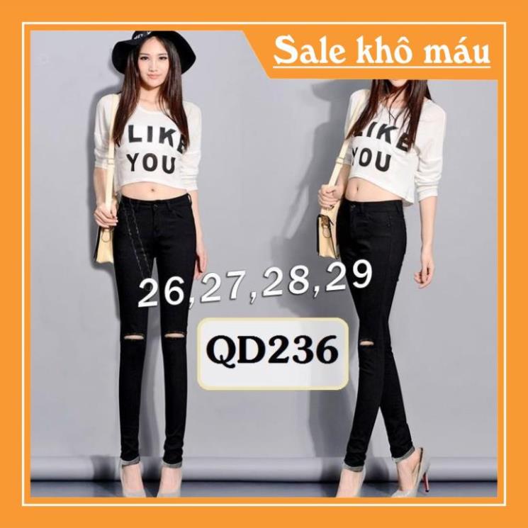 Quần Jean Rách 💕FREESHIP💕 Quần jean đen lưng cao 1 nút xắn lai rách 2 bên QD236 -b11