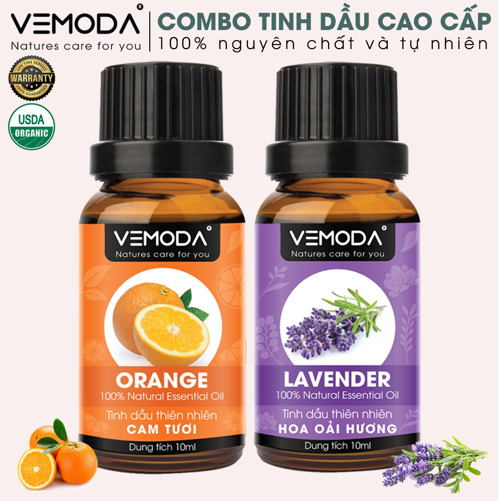 Tinh dầu xông phòng cao cấp Vemoda gồm: tinh dầu oải hương, tinh dầu cam tươi giúp kháng khuẩn, khử mùi, thơm phòng