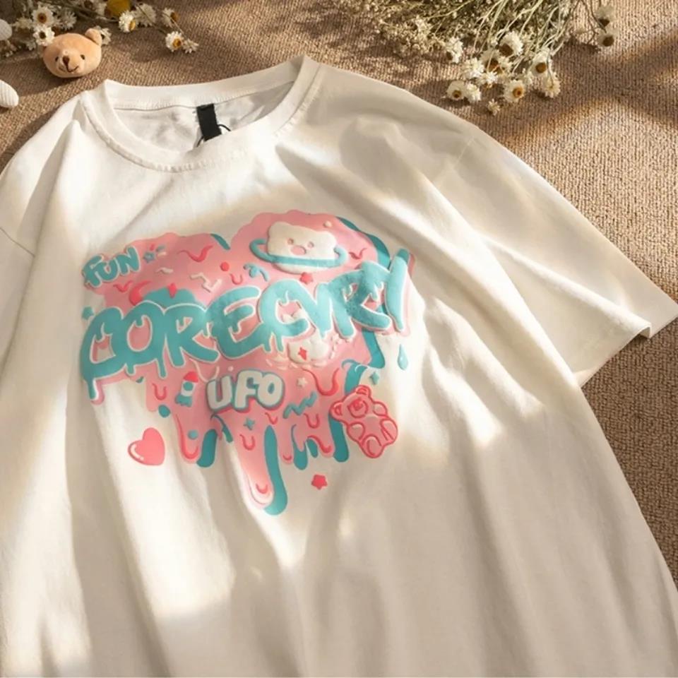 Áo Thun Tay Ngắn Cổ Tròn Dáng Rộng In Họa Tiết Trái Tim Graffiti Đơn Giản Thời Trang Cho Nữ Size 2XL