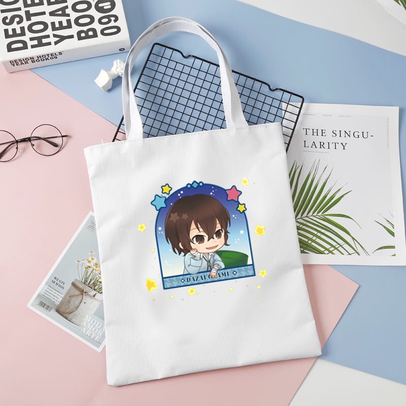 Túi tote vải đen trắng in hình anime chibi BUNGOU STRAY DOGS dễ thương