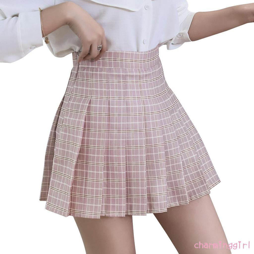 Chân váy xếp ly lưng cao họa tiết sọc caro thời trang trẻ trung cho nữ