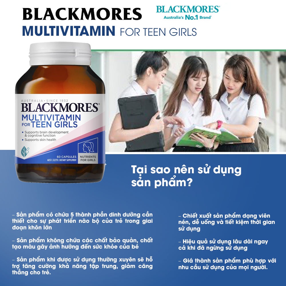 Combo Vitamin Blackmores Multivitamin for teen cho bé gái, bé trai giúp tăng cường trí nhớ, cải thiện sức khỏe