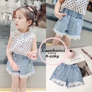 Set bé gái áo chấm bi và quần bò ren gấu XHN497