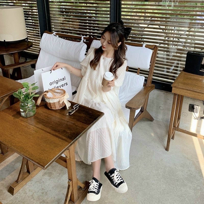 Đầm trơn dáng dài babydoll siêu xinh bầu bì bon chen thoải mái