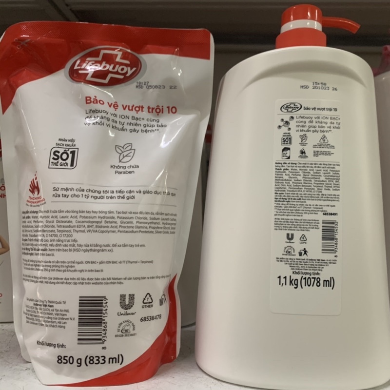 Sữa tắm Lifebuoy túi 850g, chai 1100g (màu xanh, đỏ)