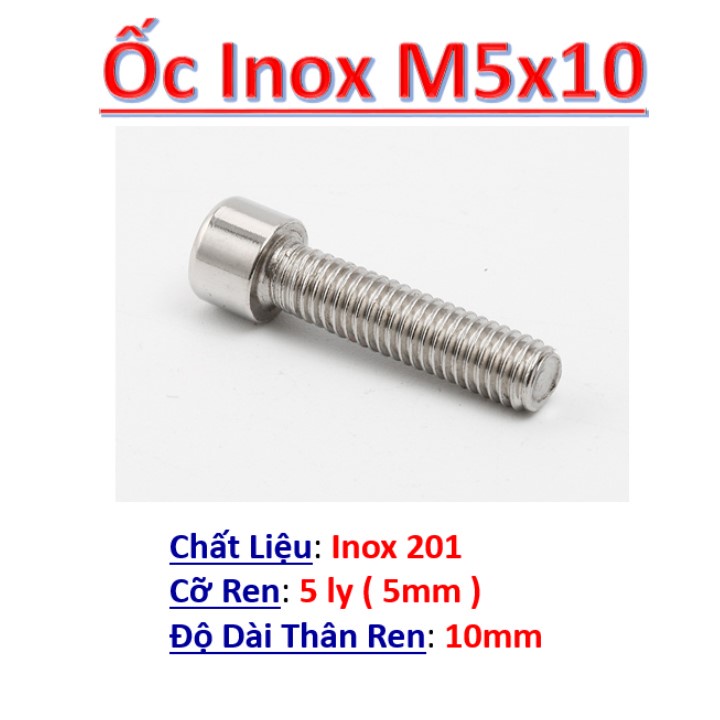 [20 cái] Ốc lục giác chìm 5ly, bulong (bu lông) inox 201 M5, vít chốt dài 10mm, 20mm, 30mm, 40mm