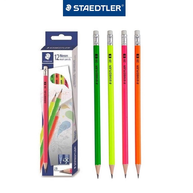 Hộp 12 chiếc bút chì 2B thân nhiều màu Neon có tẩy Đức Staedtler 13244 C12 (Gồm 4 màu Vàng, Cam,Xanh,Hồng)