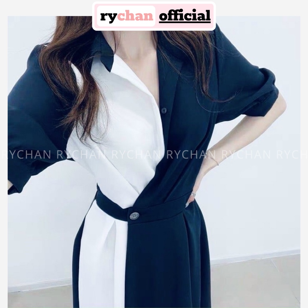 Đầm Nữ Đi Chơi Form Dài Xòe Phối Trắng Cổ Sơ Mi Thắt Eo, Đầm Nữ Dự Tiệc Cực Sang Màu Đen Kem [ẢNH THẬT CUỐI] - DX9858