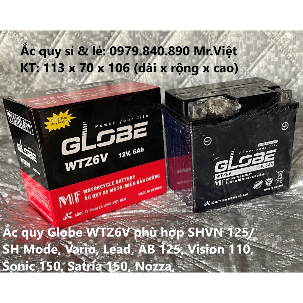 Ắc quy khô GLOBE WTZ6V 6.0Ah - KT: 113 x 70 x 106 mm ( thay thế cho GTZ6V 5.0Ah )