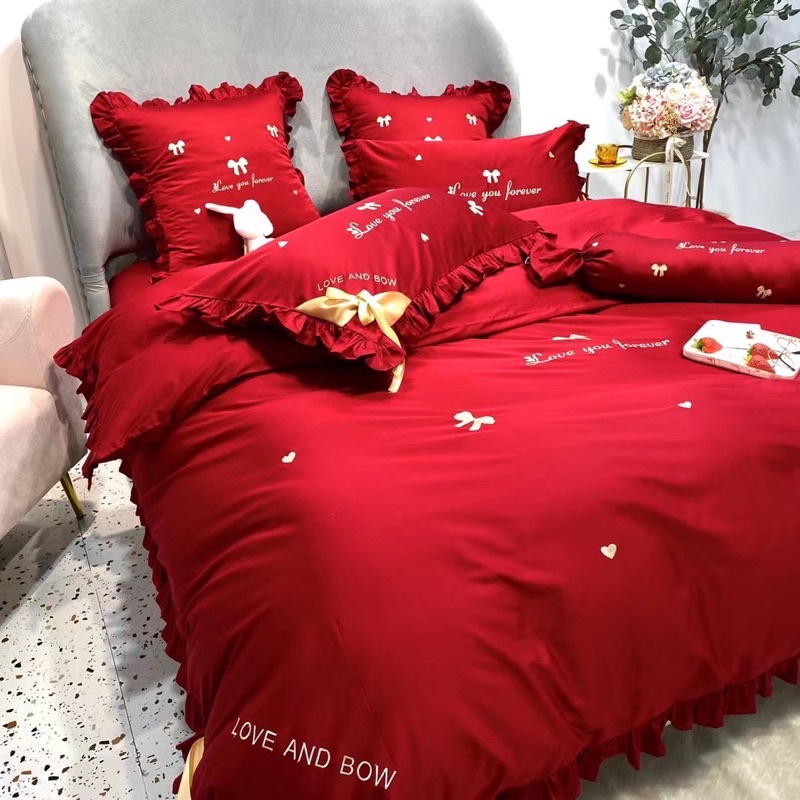 Bộ chăn ga gối Lụa thêu 60s tone đỏ cho ngày cưới 7 món