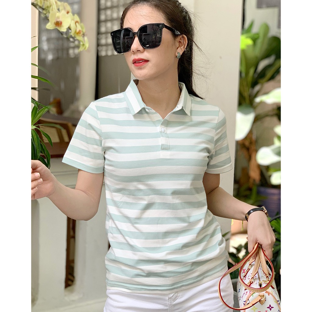 Áo thun nữ Polo cổ sơ mi TOLI, chất cotton 4 chiều mềm mịn, co dãn Sọc ngang 2cm màu ngói thời trang