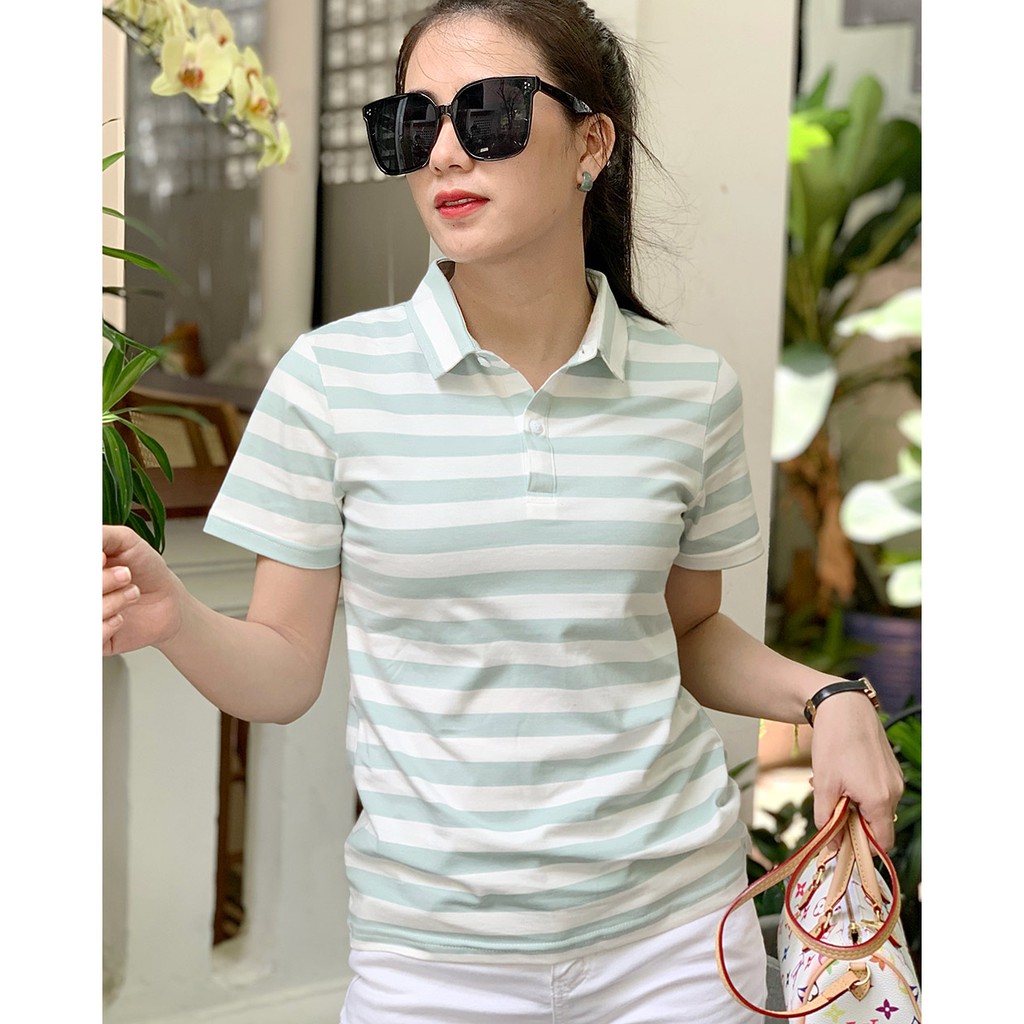 Áo thun nữ Cổ Sơ Mi (Cổ trụ) TOLI, chất cotton 4 chiều mềm mịn, co dãn Sọc ngang 2cm thời trang | BigBuy360 - bigbuy360.vn