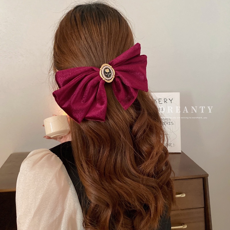 Kẹp Tóc Nơ Vải Nhung Đính Ngọc Trai Thời Trang Hàn Quốc Cho Nữ