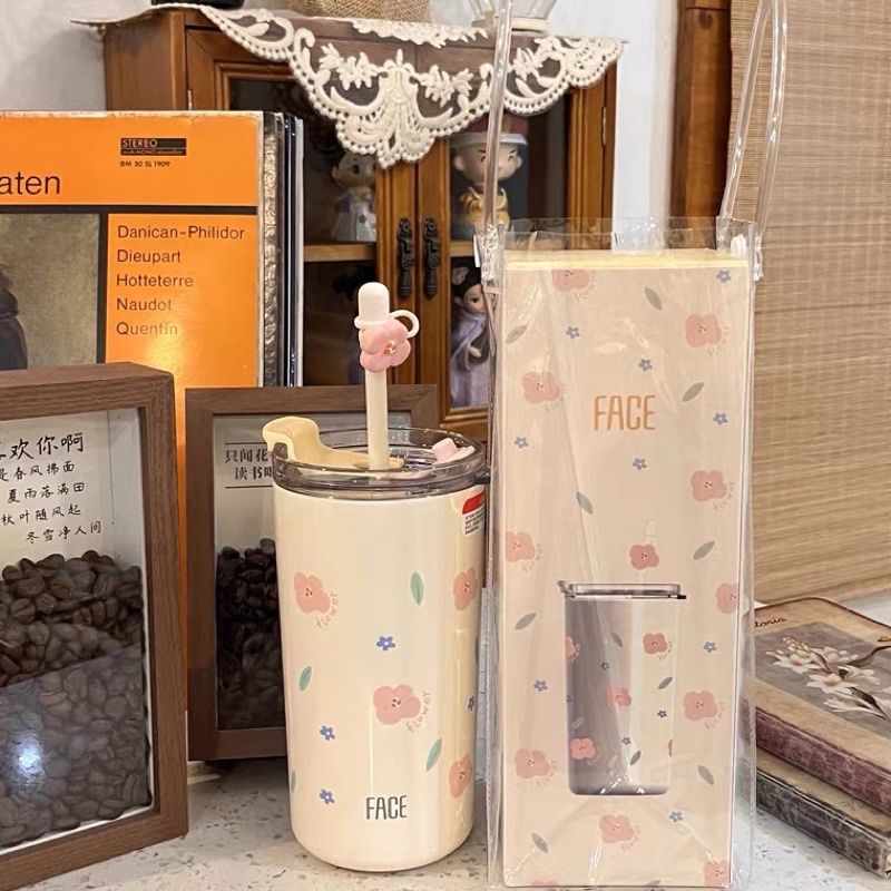 Bình nước giữ nhiệt cao cấp hãng Face  hoạ tiết hoa cherry , anh đào dễ thương phong cách Hàn Quố