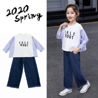 Áo Thun Cổ Tròn Dài Tay+Quần Jeans Ống Rộng Thời Trang Cho Bé Gái