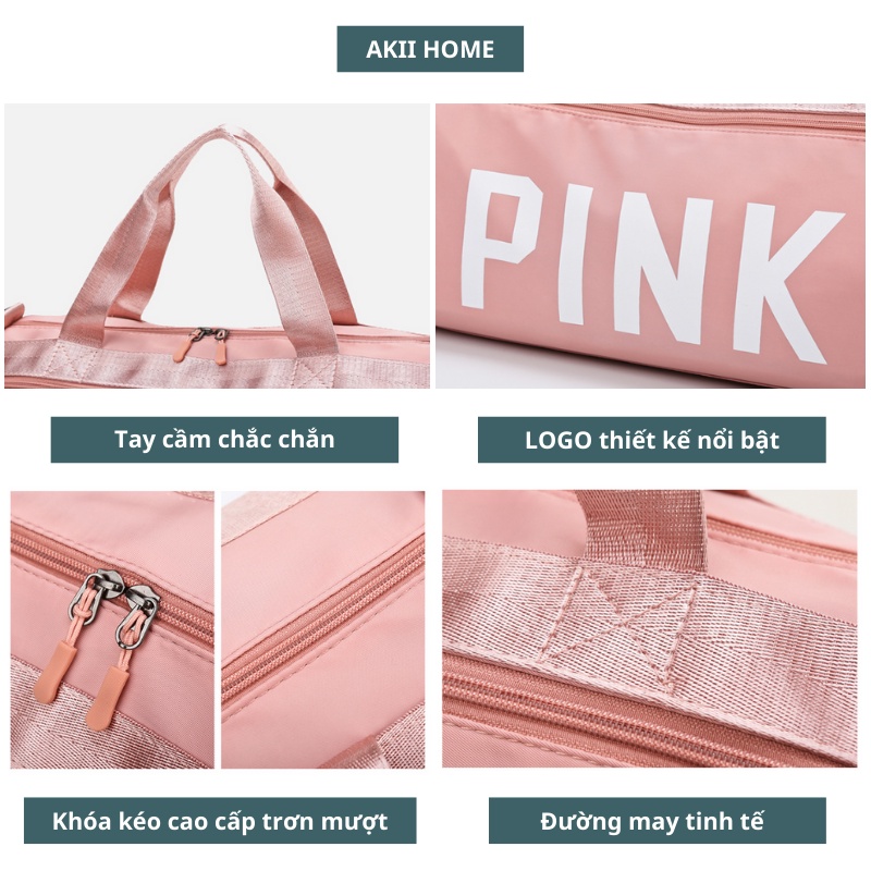 Túi trống du lịch có quai đeo, ngăn để giày riêng, chống nước cao cấp PINK Akii Home TX02
