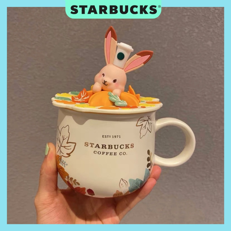 Ly sứ Starbucks kèm nắp thỏ hồng họa tiết lá phong dung tích 355ml