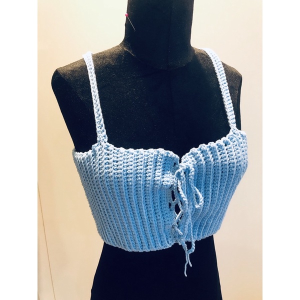 Áo croptop áo hai dây len móc thắt nơ ngực xanh thiên thanh