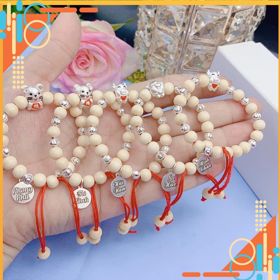 Vòng tay dâu tằm mix con giáp cho bé trai, bé gái, khắc thông tin bé. MIỄN PHÍ CÔNG KHẮC