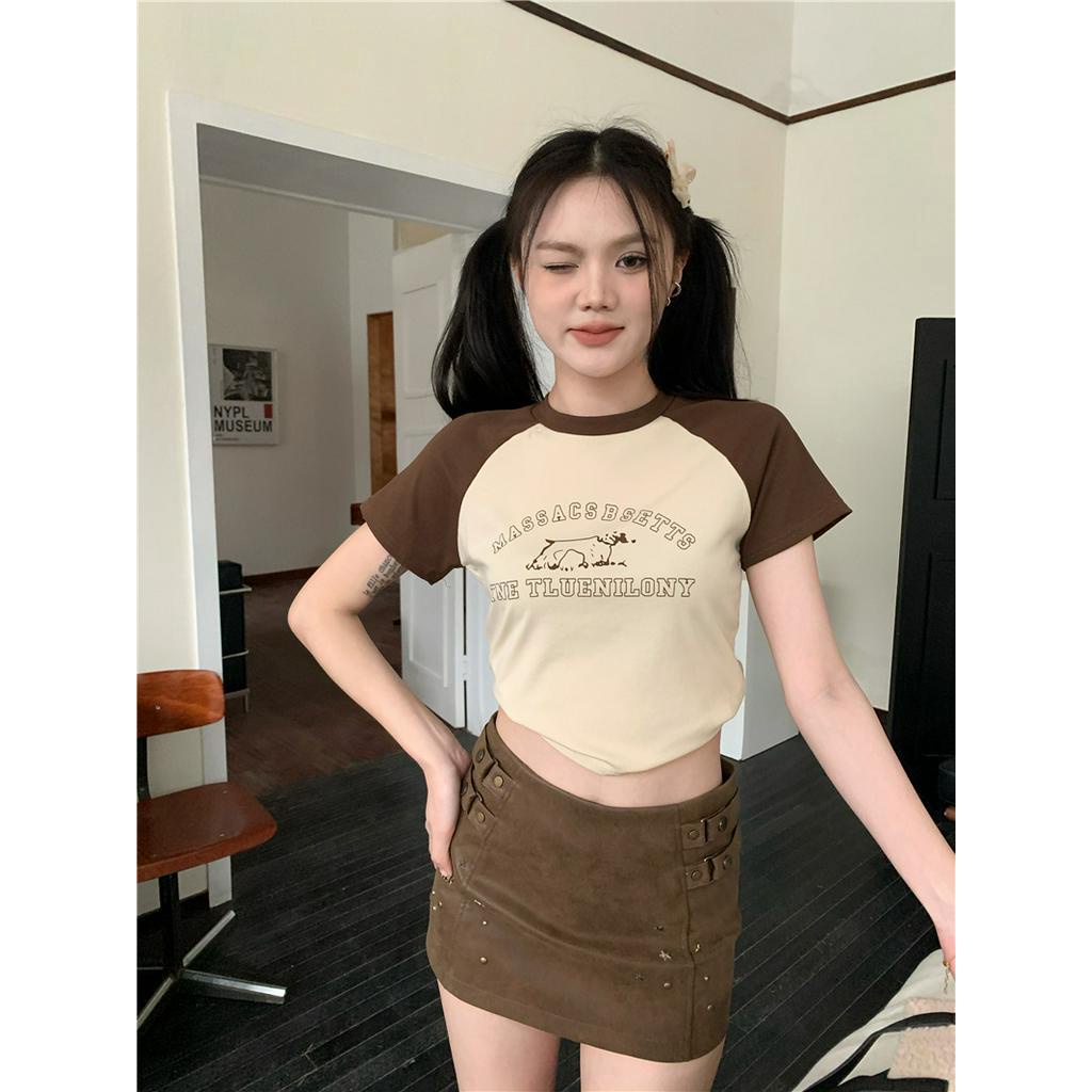 Áo Thun Ngắn Tay Ôm Dáng Màu Sắc Tương Phản Phong Cách Retro 61029